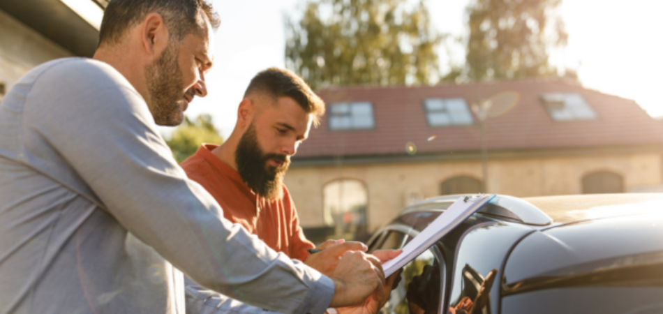 Deux personnes se tiennent à côté d'une voiture et discutent de documents, illustrant le processus d'achat d'une voiture au Canada et la considération des prix des voitures.