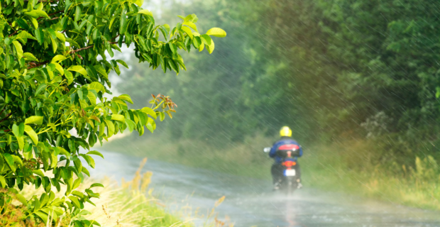 Une personne conduit une motocyclette sur une route entourée d'arbres par une journée d'été pluvieuse.