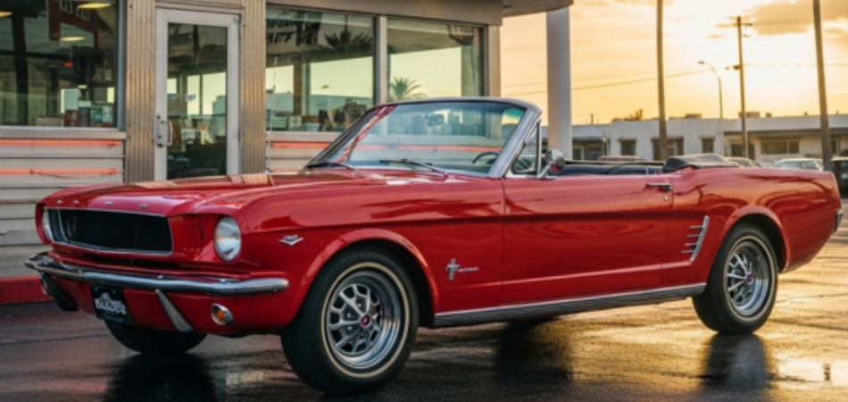 Cette voiture classique des années 60 est une Ford Mustang de 1964, de couleur rouge vif avec un toit décapotable, garée à côté d’un restaurant.
