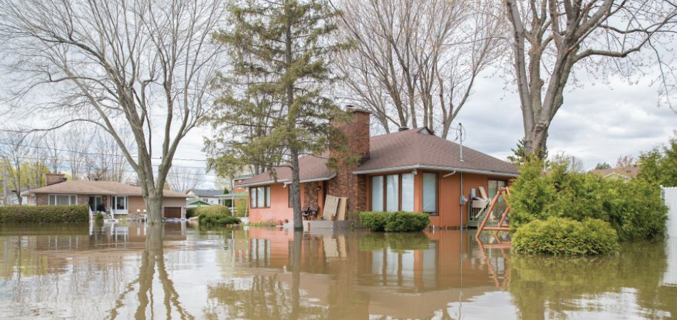 L’eau de crue entoure plusieurs maisons de plain pied, inondant les cours et reflétant les bâtiments et les arbres. 
