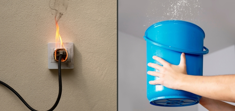 Une prise électrique en feu sur un mur, à côté d’un seau recueillant de l’eau qui fuit du plafond.