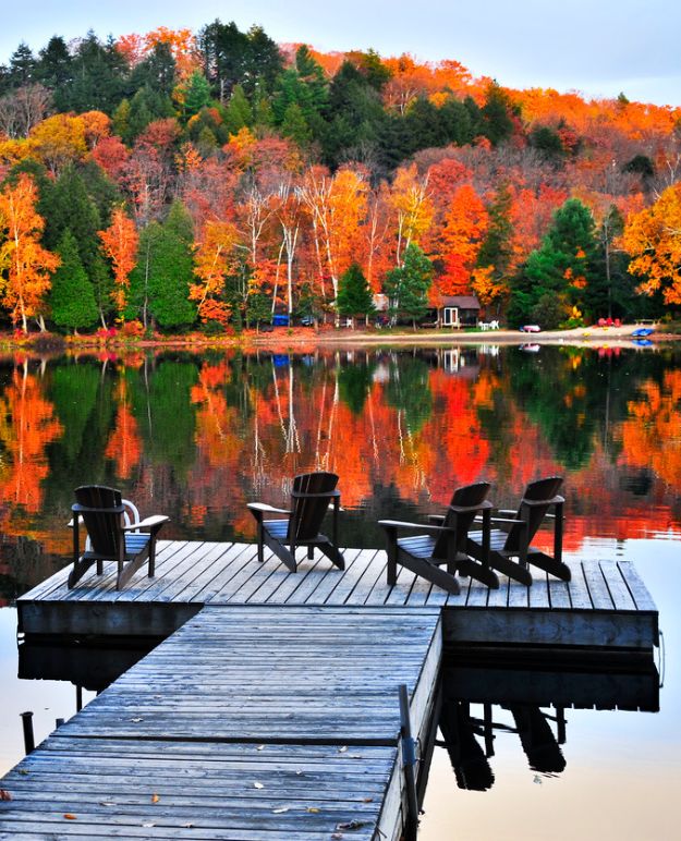 Un quai avec quatre chaises Muskoka au bout, face à l'eau.