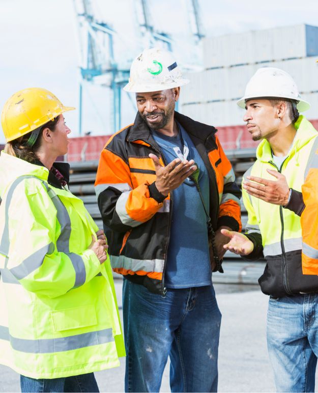Un groupe de travailleurs de la construction en conversation.
