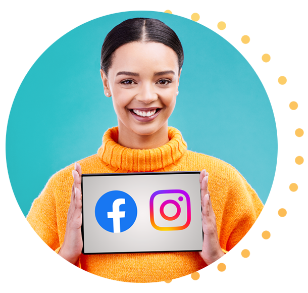 Une fille avec des logo pour Facebook et Instagram.