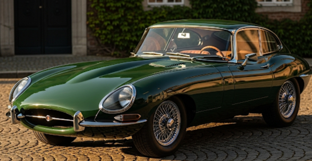 Une Jaguar Type E verte garée devant une maison.