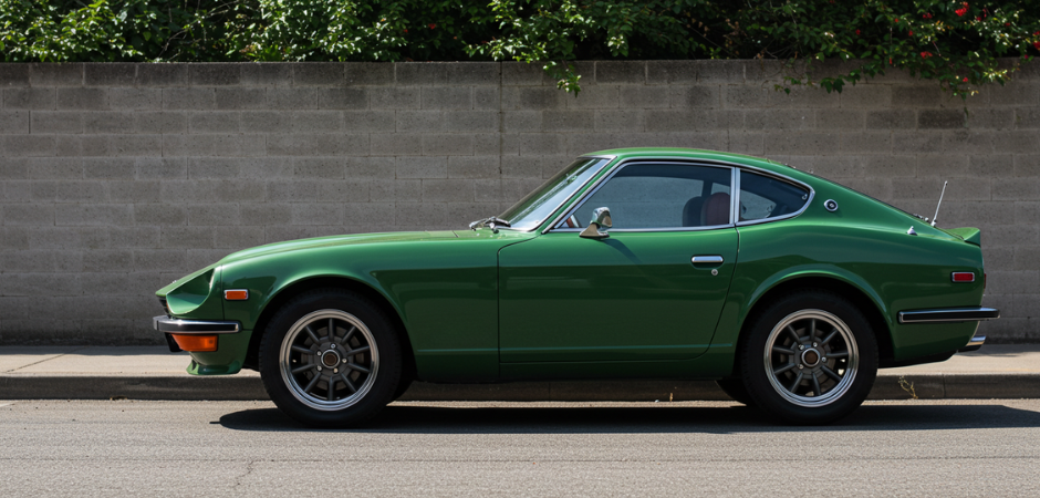 Une voiture de sport Datsun 240Z verte classique garée dans une rue, vue de profil.