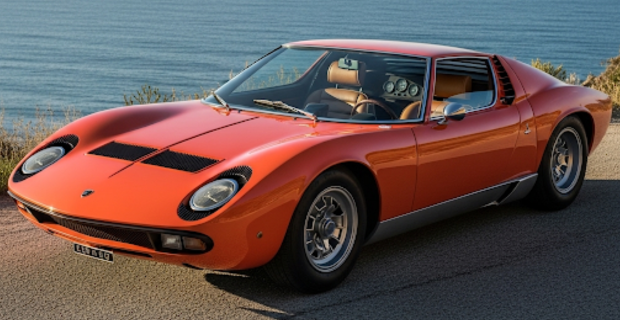 Une Lamborghini Miura orange garée sur une route en bord de mer.