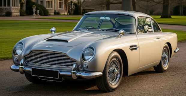 Une Aston Martin argentée est garée sur une route devant une maison.
