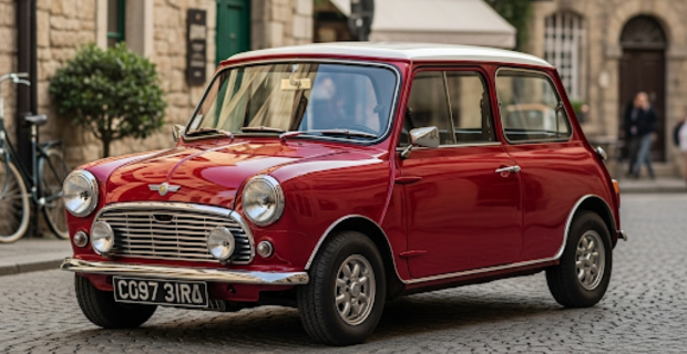 Une Austin Mini rouge garée dans une rue de la ville.