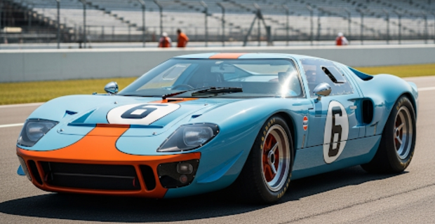 Une Ford GTO bleue et orange garée sur un circuit automobile.
